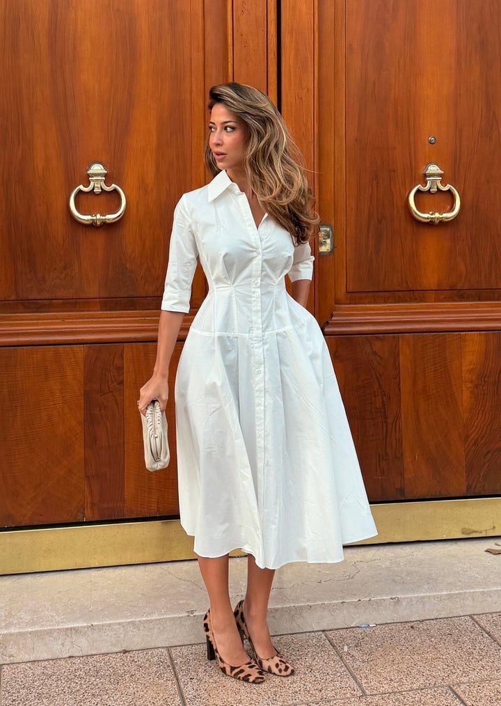 White Shirt Dress with Leopard Block Heels White Shirt Dress with Leopard Block Heels — Classy Restaurant Outfit