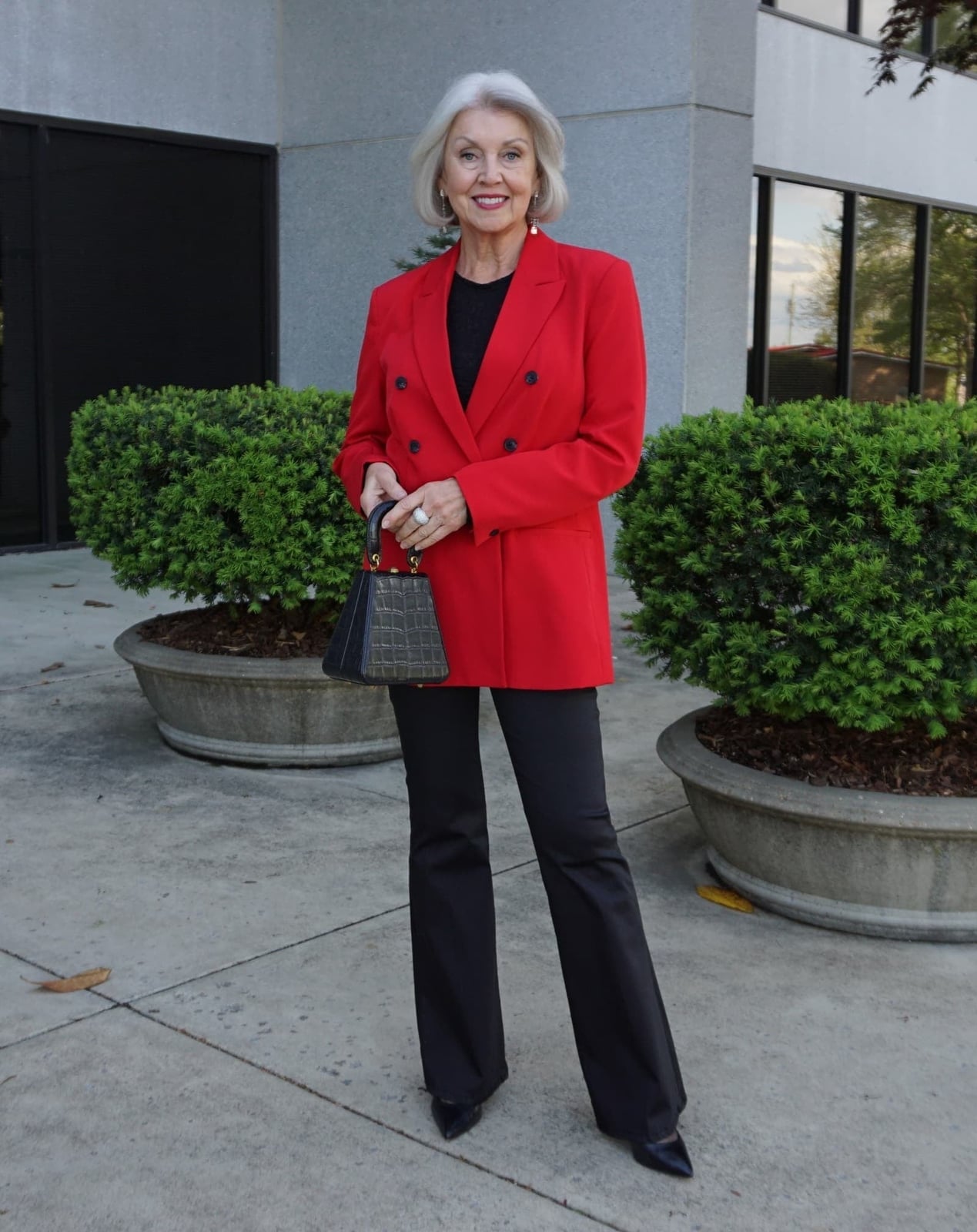 Bright Red Blazer with Black Flared Pants Bright Red Blazer with Black Flared Pants — Classy Restaurant Outfit