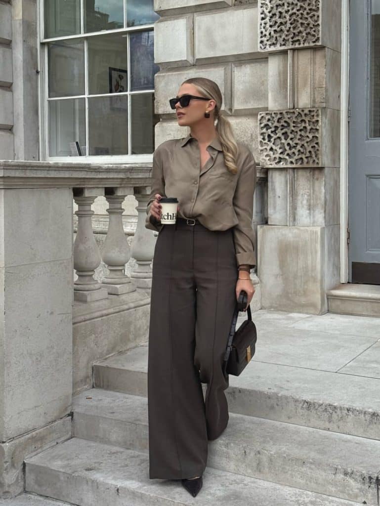 Oversized Silk Shirt with Wool Trousers Oversized Silk Shirt with Wool Trousers — Classy Restaurant Outfit