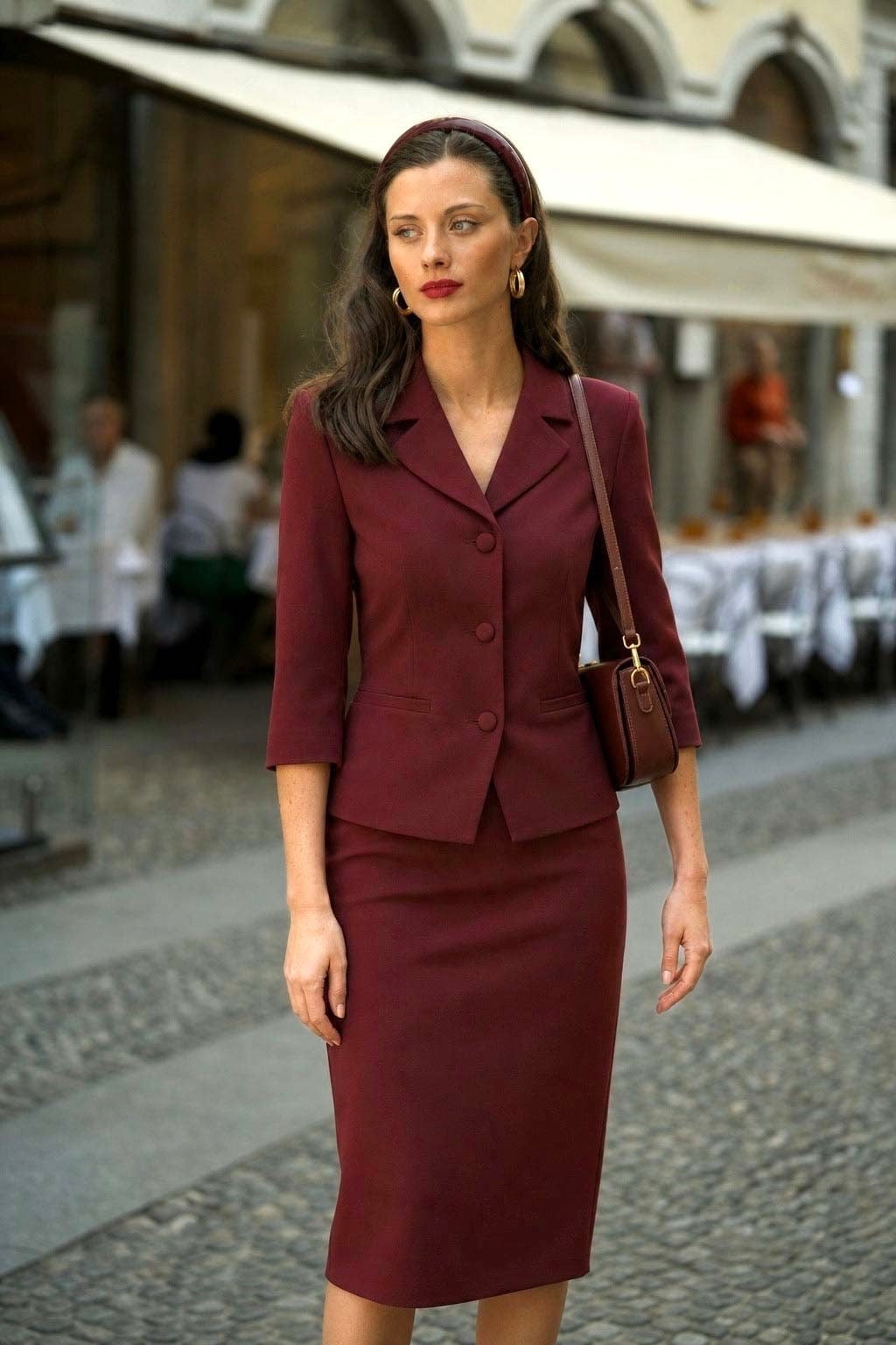 Burgundy Suit with Pencil Skirt for Evening Burgundy Suit with Pencil Skirt for Evening — Classy Restaurant Outfit