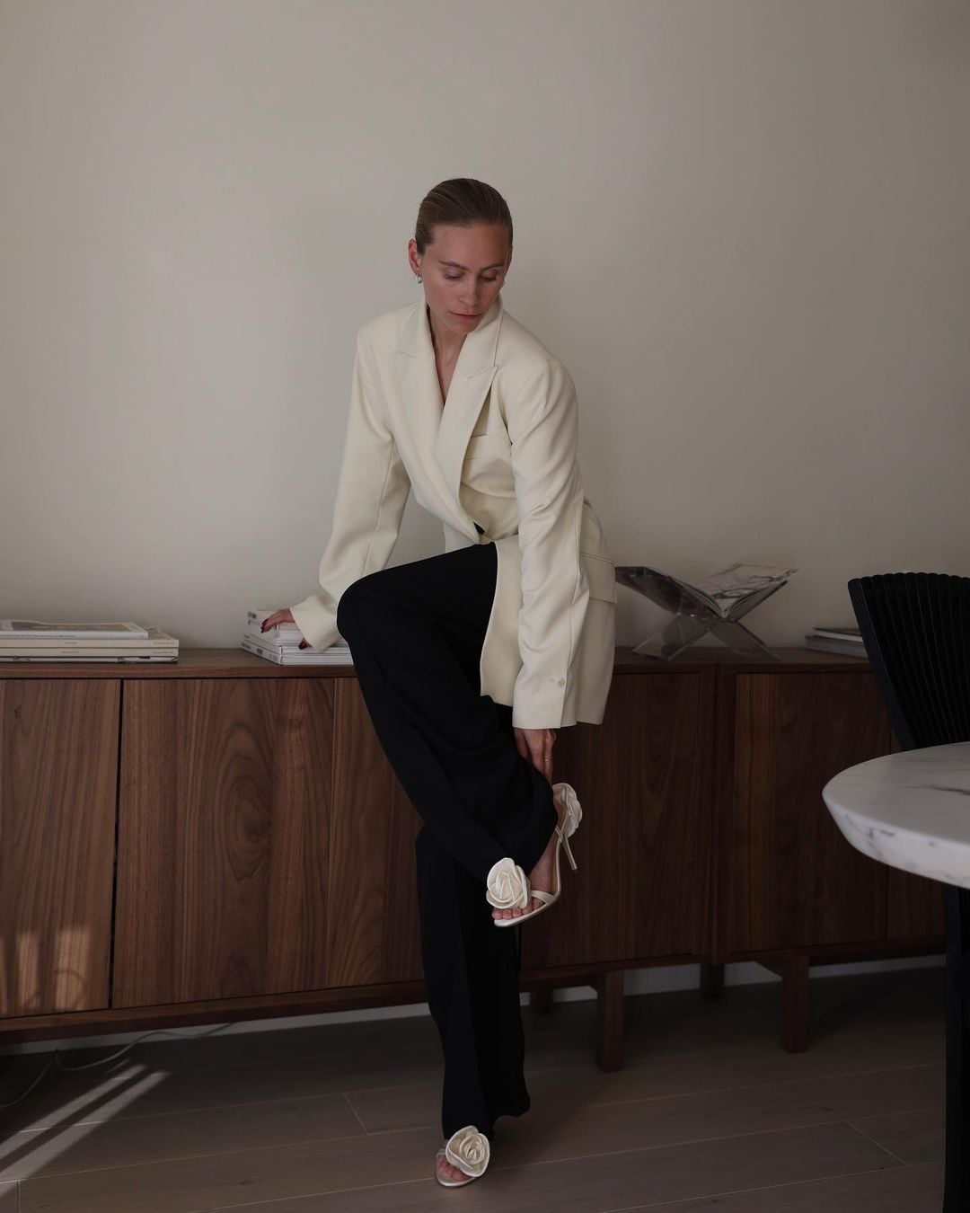 Cream Blazer with Black Trousers and Floral Heels Cream Blazer with Black Trousers and Floral Heels — Classy Restaurant Outfit