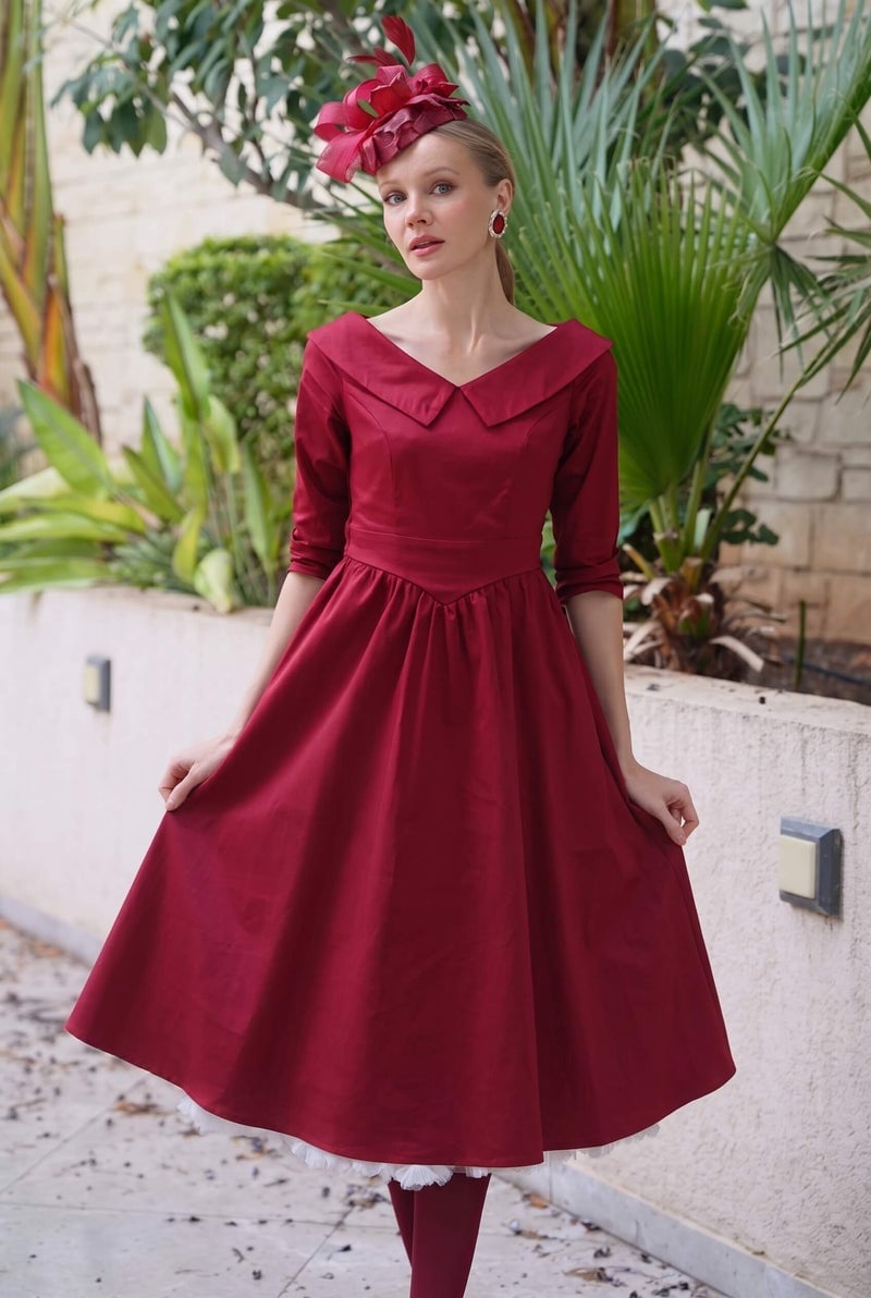 Burgundy Midi Dress With Wide Collar Burgundy Midi Dress With Wide Collar — Classy Retro Outfits