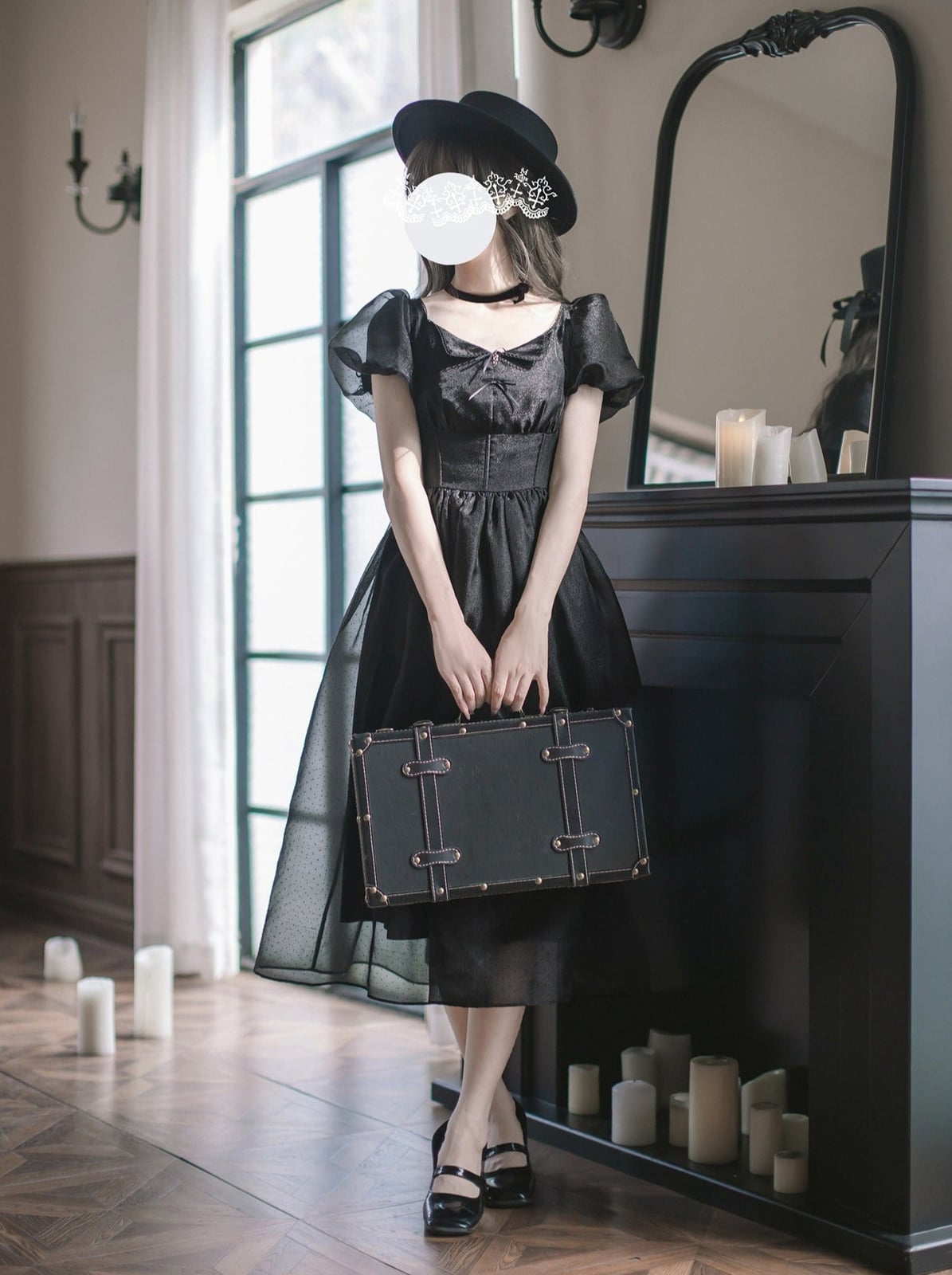Black Dress With Puff Sleeves And Sheer Overlay Black Dress With Puff Sleeves And Sheer Overlay — Classy Retro Outfits
