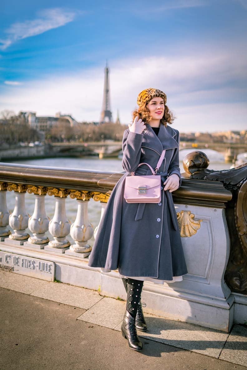 Grey Fit And Flare Coat With Leopard Hat Grey Fit And Flare Coat With Leopard Hat — Classy Retro Outfits