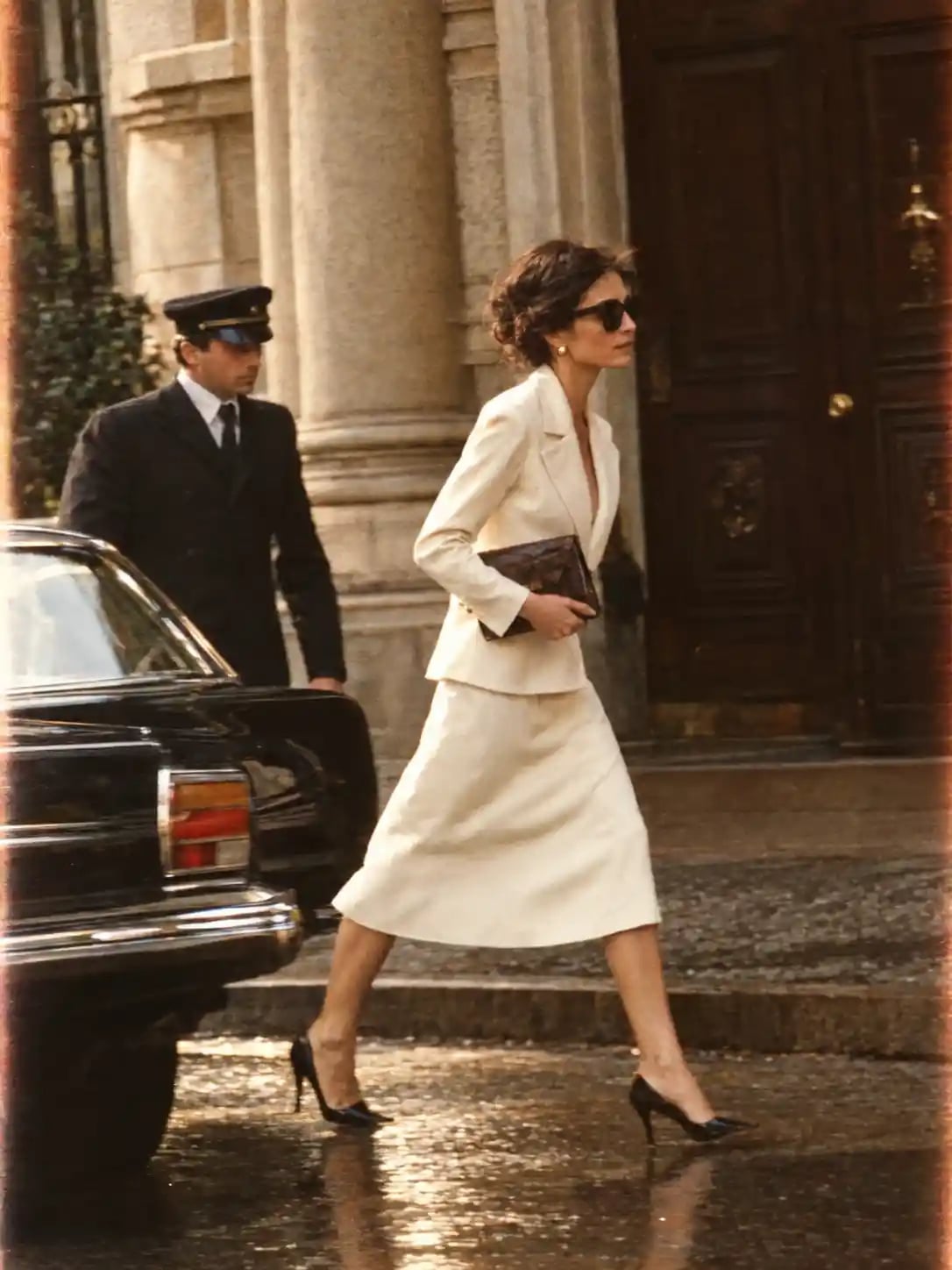 Tailored Cream Suit with A-line Skirt and Black Heels Tailored Cream Suit with A-line Skirt and Black Heels — Classy Retro Style