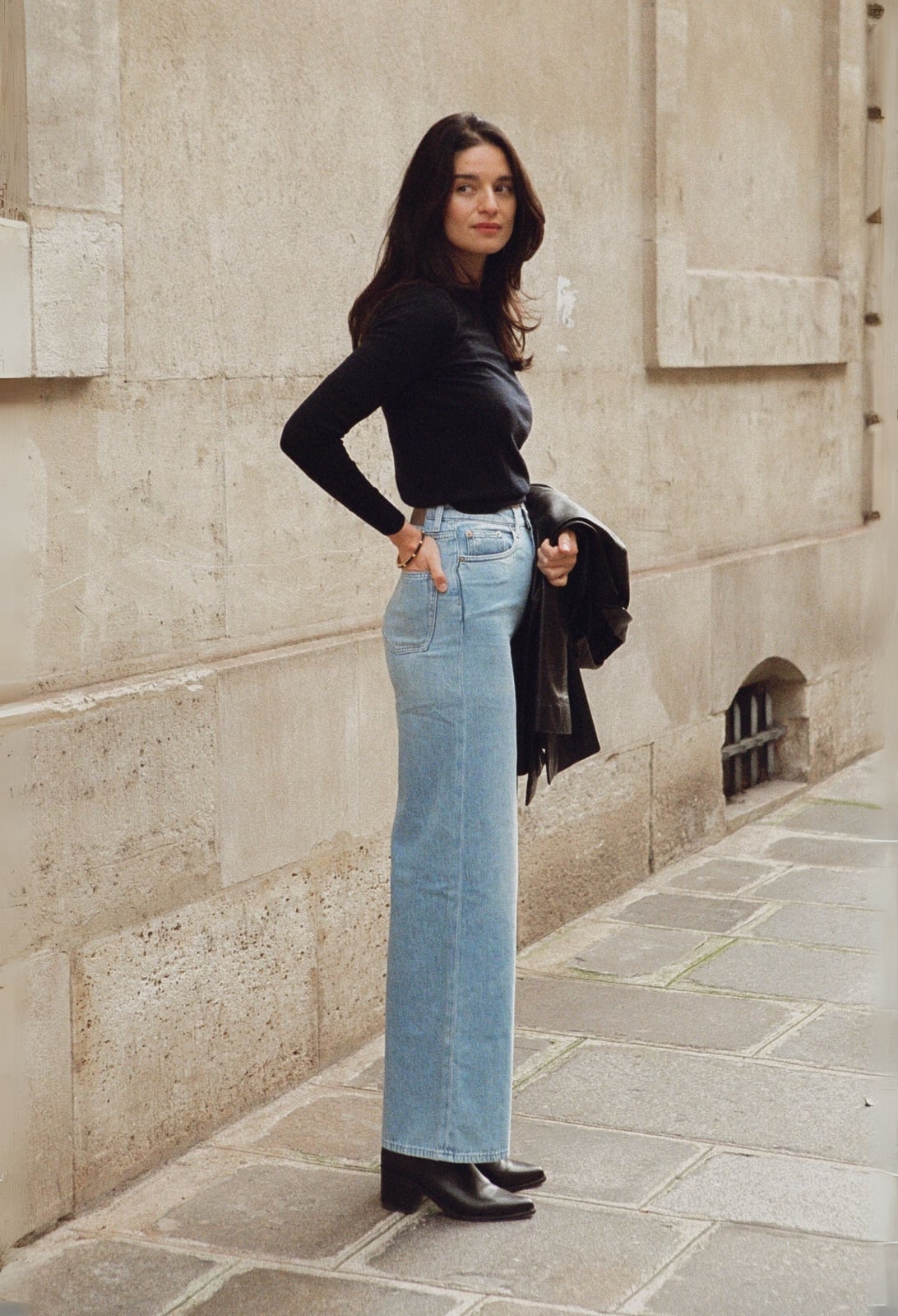 Ultra Wide-Leg Jeans with Fitted Top and Leather Jacket Ultra Wide-Leg Jeans with Fitted Top and Leather Jacket — Classy Retro Style