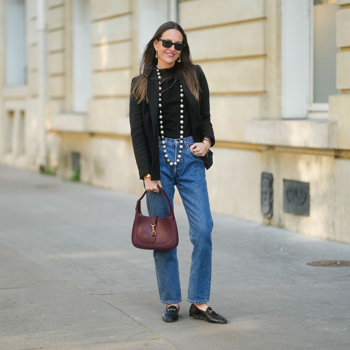 Black Blazer Over Black Top with Straight-Leg Jeans and Loafers Black Blazer Over Black Top with Straight-Leg Jeans and Loafers — Classy Retro Style