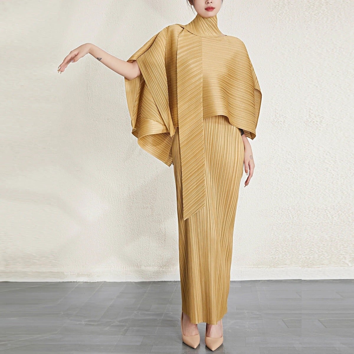 Long Gold Pleated Dress with Cape-Like Sleeves Long Gold Pleated Dress with Cape-Like Sleeves — Classy Retro Style