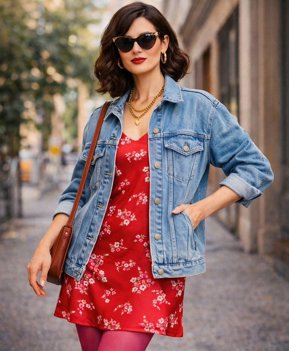 Blue Denim Jacket Over Red Floral Slip Dress with Pink Tights Blue Denim Jacket Over Red Floral Slip Dress with Pink Tights — Classy Retro Style