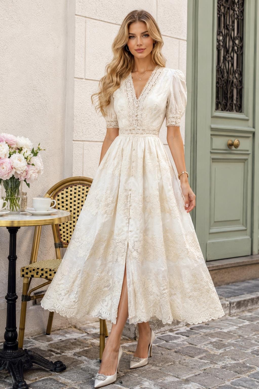 Ivory Lace A-line Midi Dress with V-neck and Puff Sleeves Ivory Lace A-line Midi Dress with V-neck and Puff Sleeves — Classy Retro Style