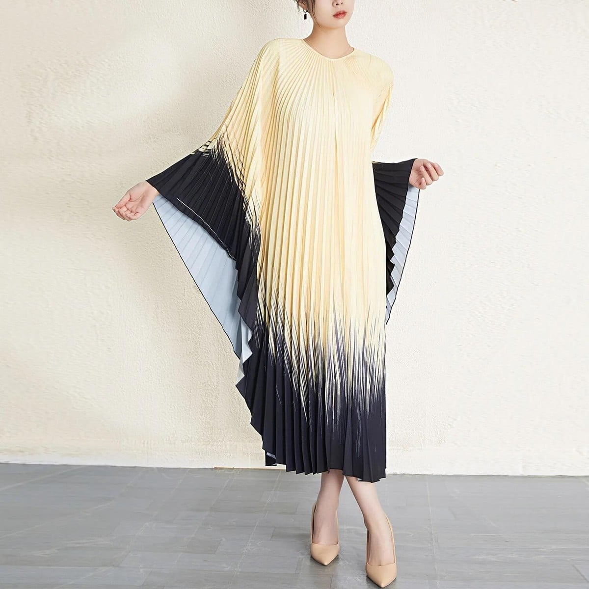 Yellow Bodice Kaftan Dress with Pleated Ombre Skirt Yellow Bodice Kaftan Dress with Pleated Ombre Skirt — Classy Retro Style