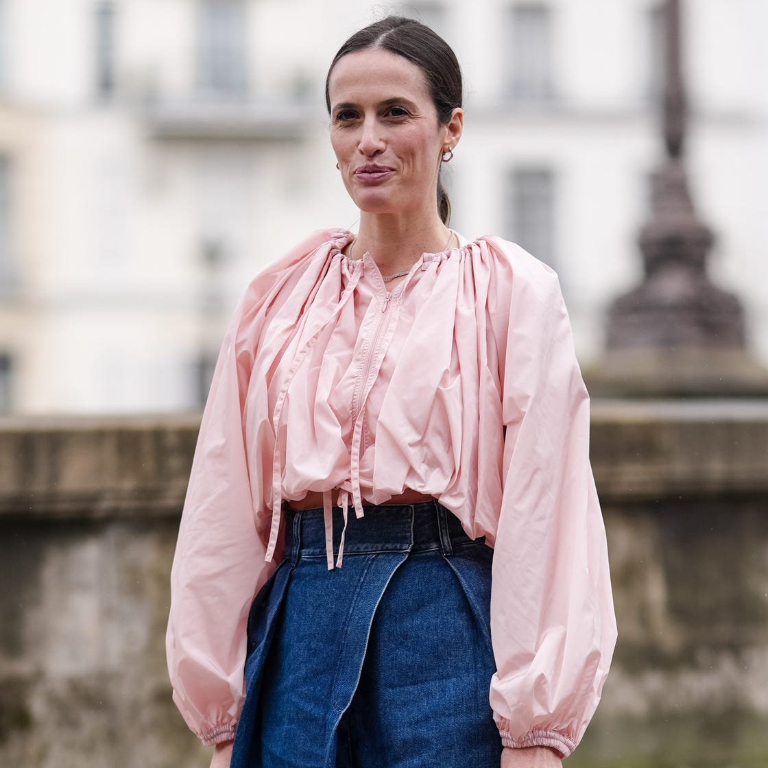 Oversized Pink Blouse with Balloon Sleeves and Denim Wrap Skirt Oversized Pink Blouse with Balloon Sleeves and Denim Wrap Skirt — Classy Retro Style