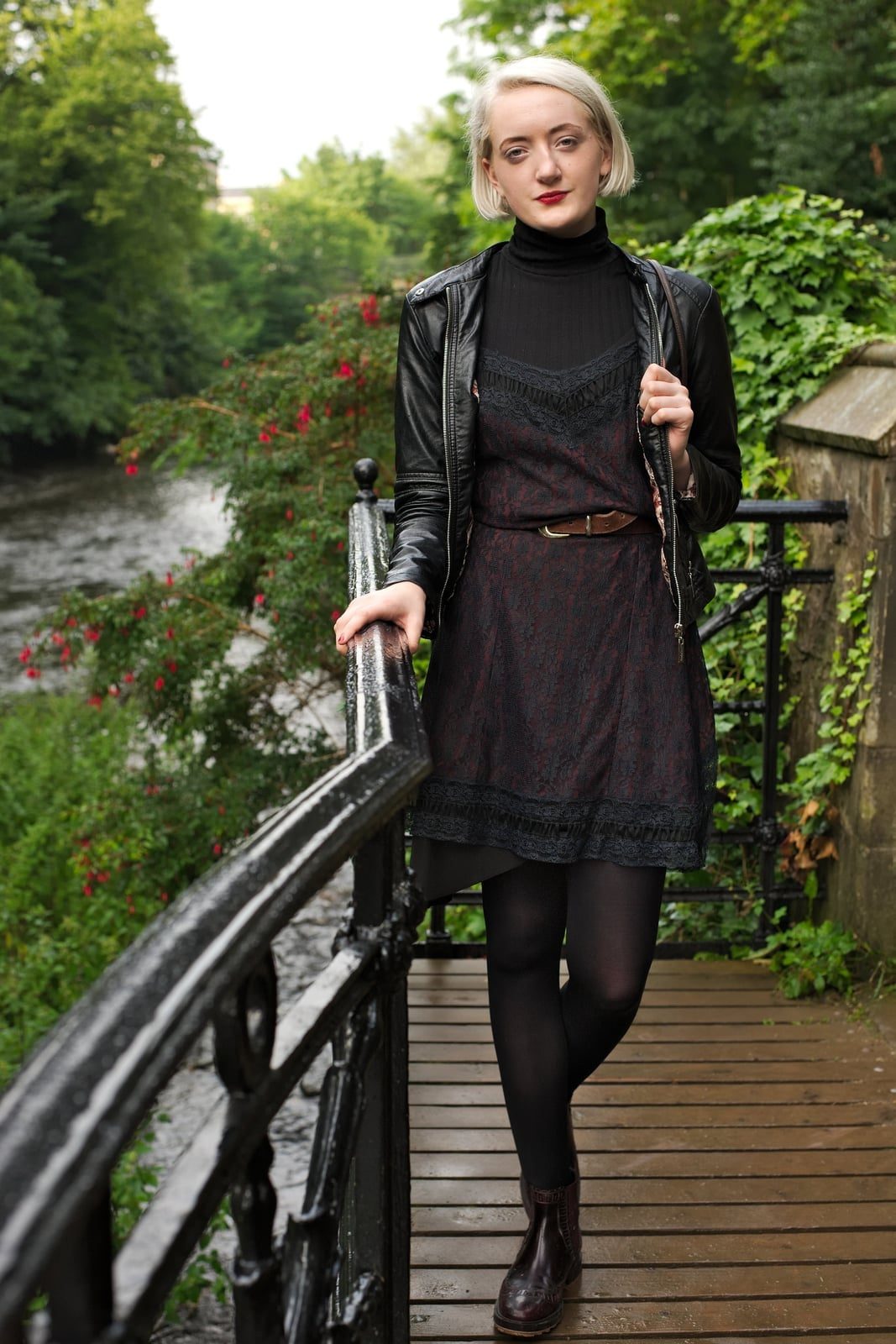 Black Lace Slip Dress Over Turtleneck with Leather Jacket Black Lace Slip Dress Over Turtleneck with Leather Jacket — Classy Retro Style