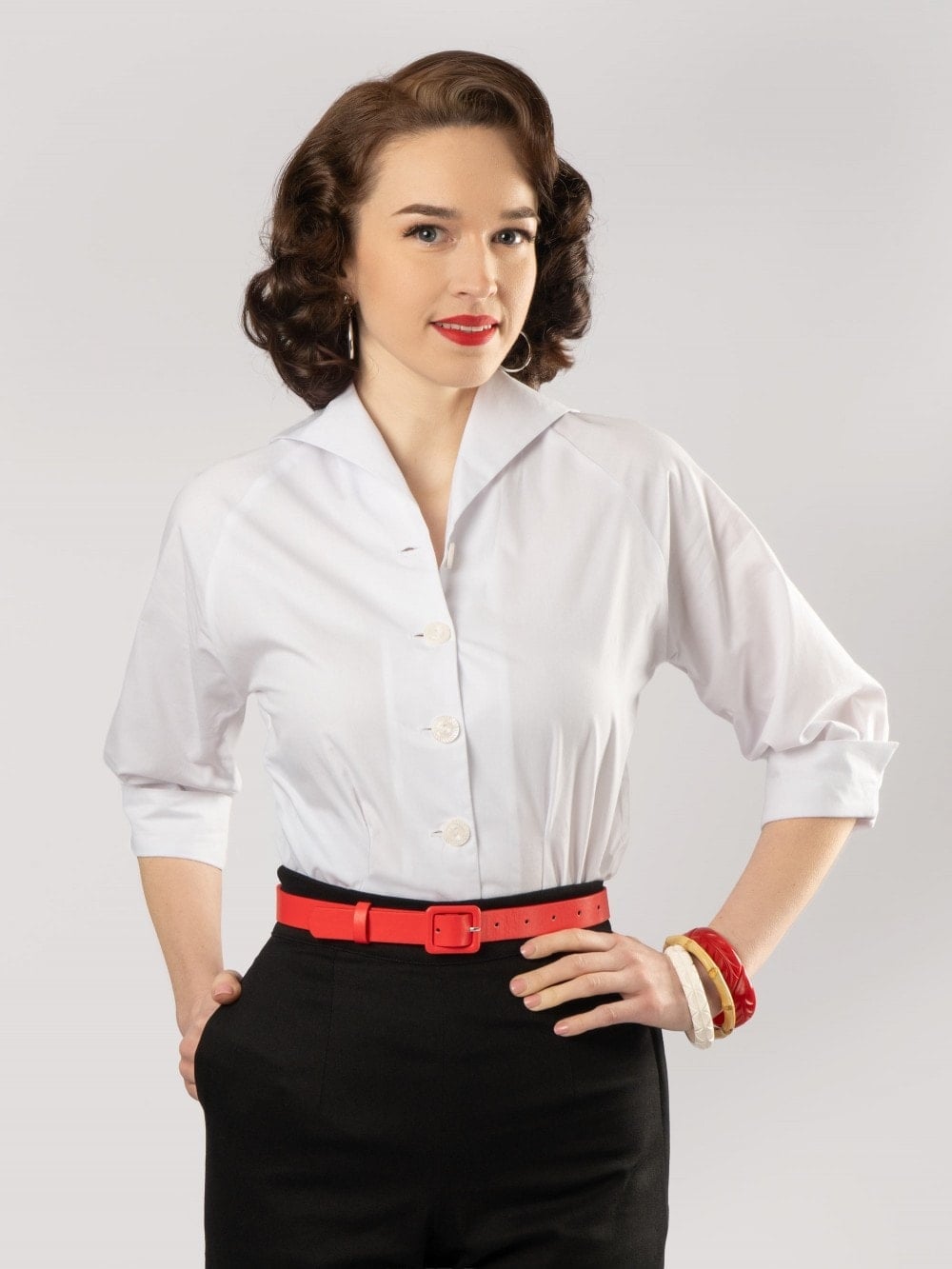 White Collared Blouse with Red Belt and Black Skirt White Collared Blouse with Red Belt and Black Skirt — Classy Retro Style