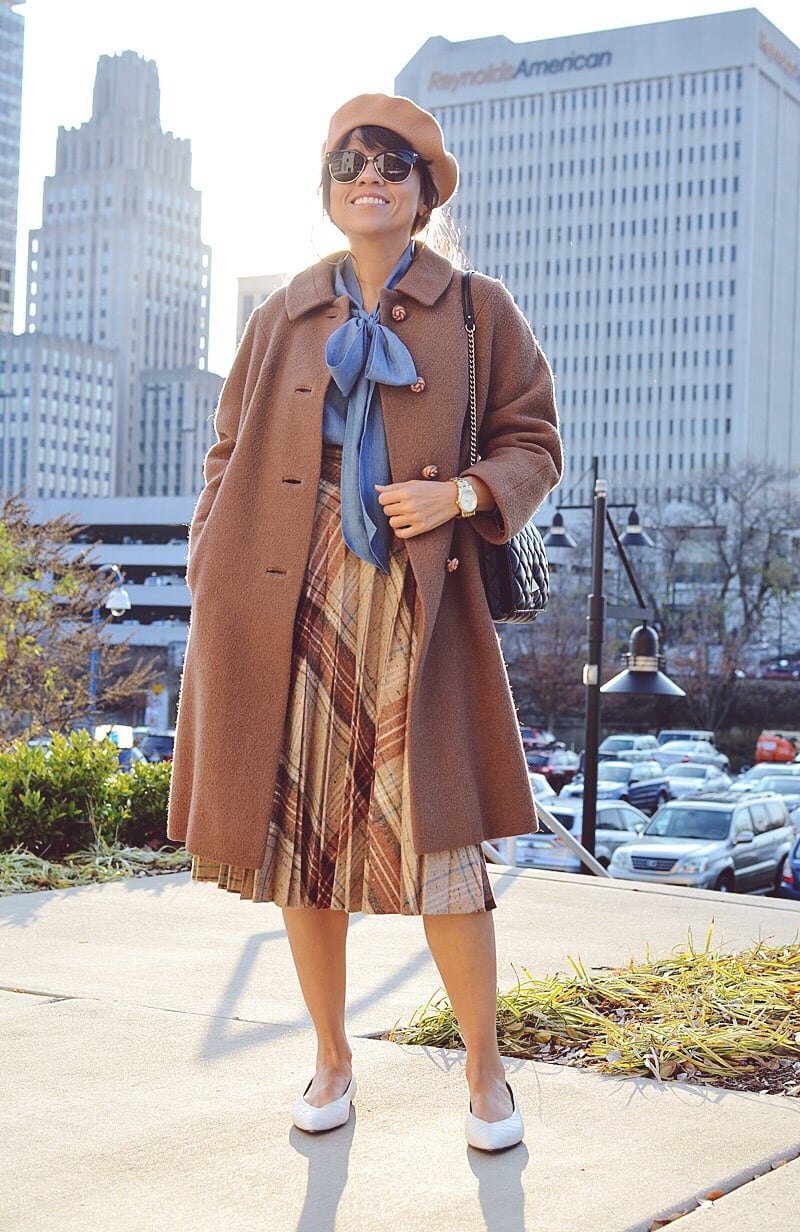 Brown Wool Coat Over Blue Blouse and Plaid Pleated Skirt Brown Wool Coat Over Blue Blouse and Plaid Pleated Skirt — Classy Retro Style