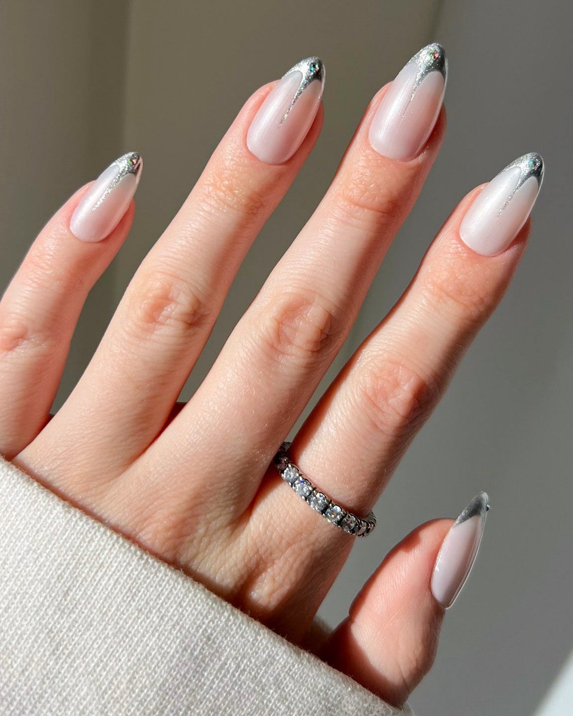 Long Almond Silver Metallic French Tips — Classy Ring Nails