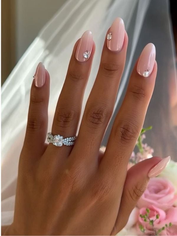 Medium Almond Sheer Pink With Rhinestones — Classy Ring Nails