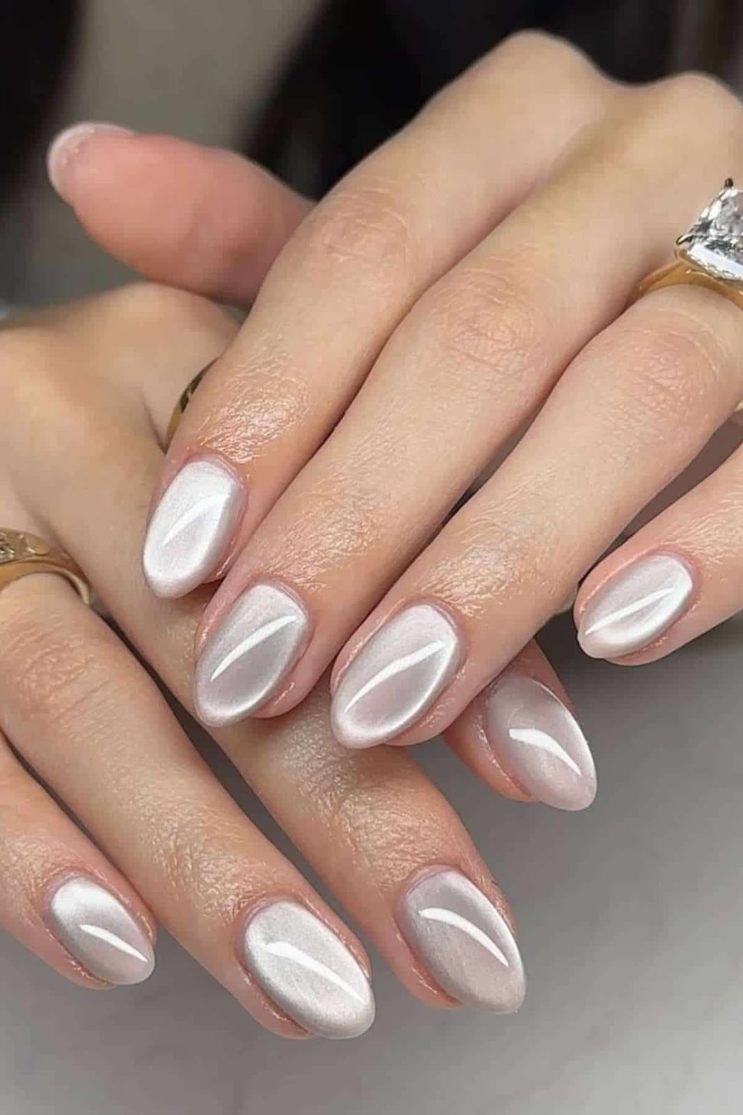 Medium Almond Pearlescent Cat-Eye Grey — Classy Ring Nails