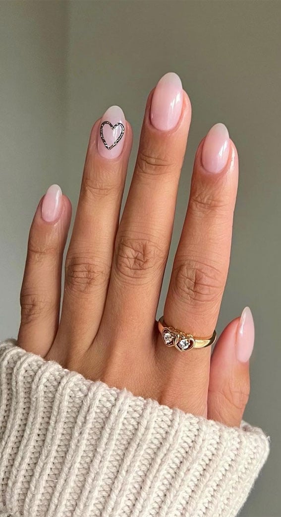 Short Oval Nude Pink With Black Heart — Classy Ring Nails