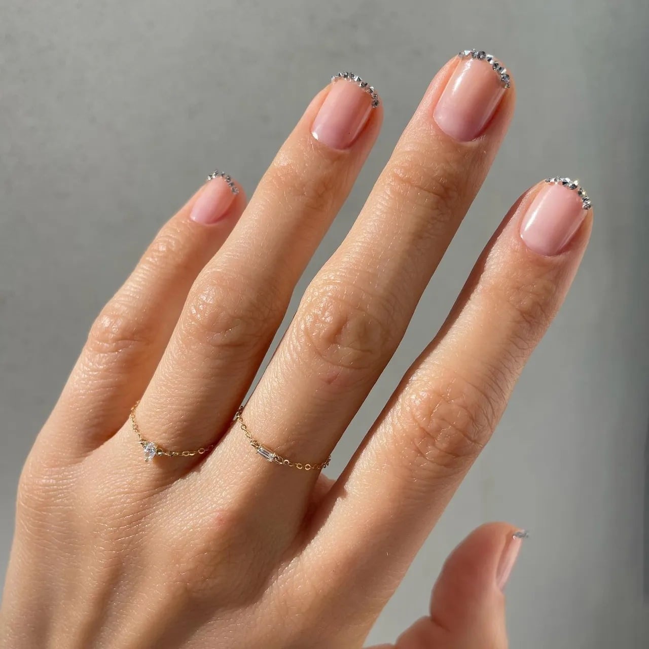 Medium Almond Sheer Pink With Rhinestone Smile Line — Classy Ring Nails