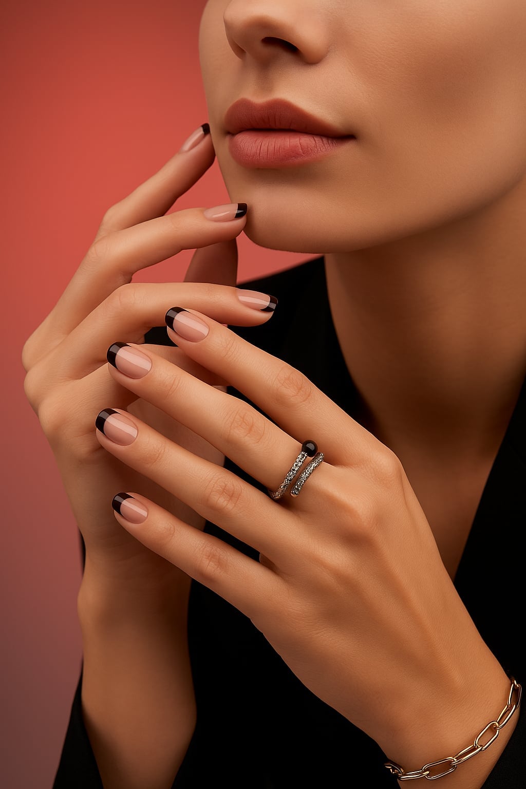 Short Square Nude With Black French Tip — Classy Ring Nails