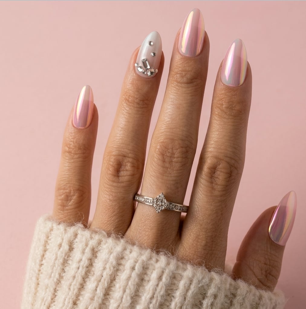 Medium Almond Iridescent Pink White Chrome — Classy Ring Nails