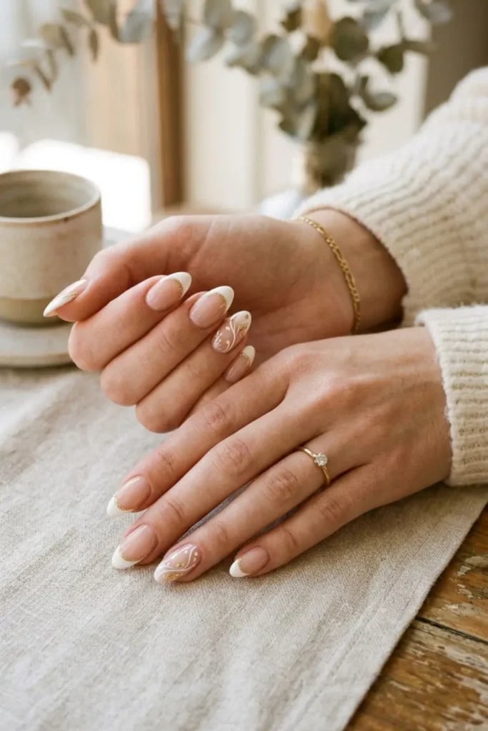 Medium Oval Sheer Pink Thin White French, овальный — Classy Ring Nails