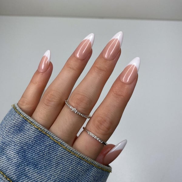 Medium Almond Classic French With Bands — Classy Ring Nails