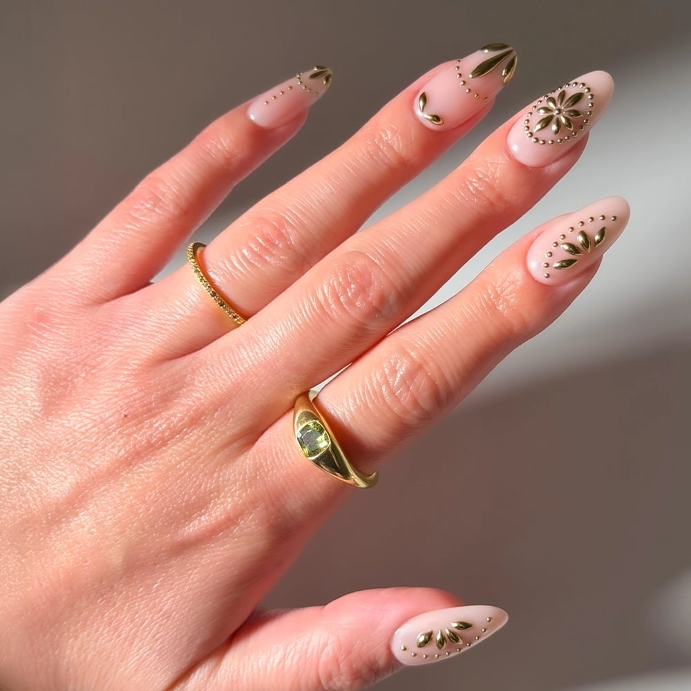 Medium Almond Sheer Nude With Gold Accents — Classy Ring Nails