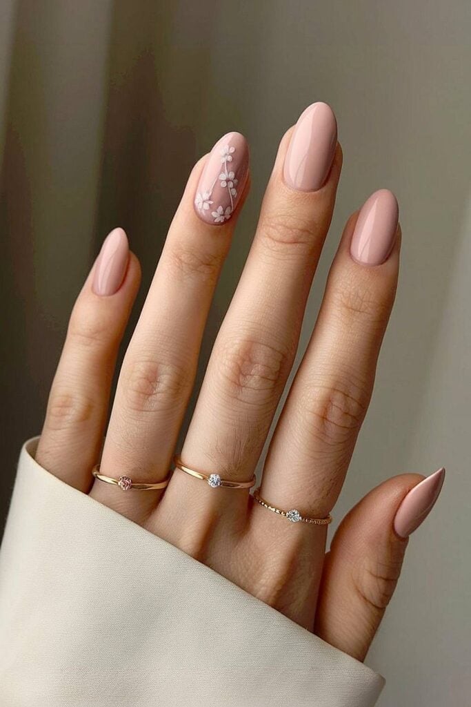 Medium Oval Soft Pink With White Floral — Classy Ring Nails