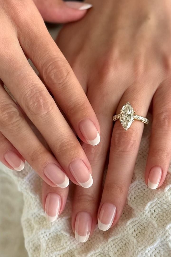 Short Oval Milky Pink French With Pave Ring — Classy Ring Nails