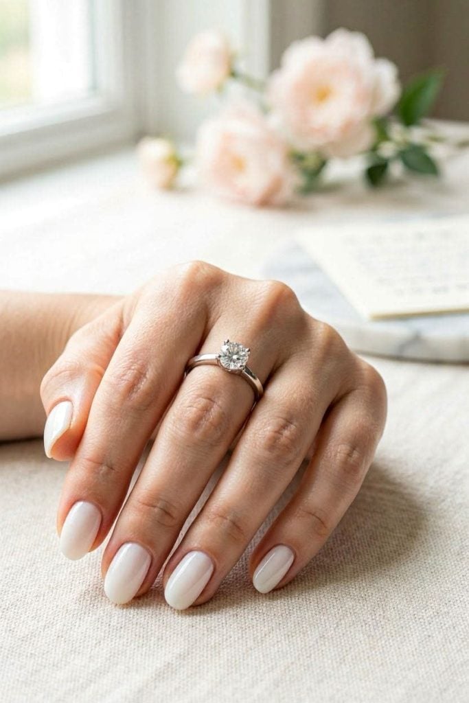 Short Oval Milky White Glossy Nails — Classy Ring Nails