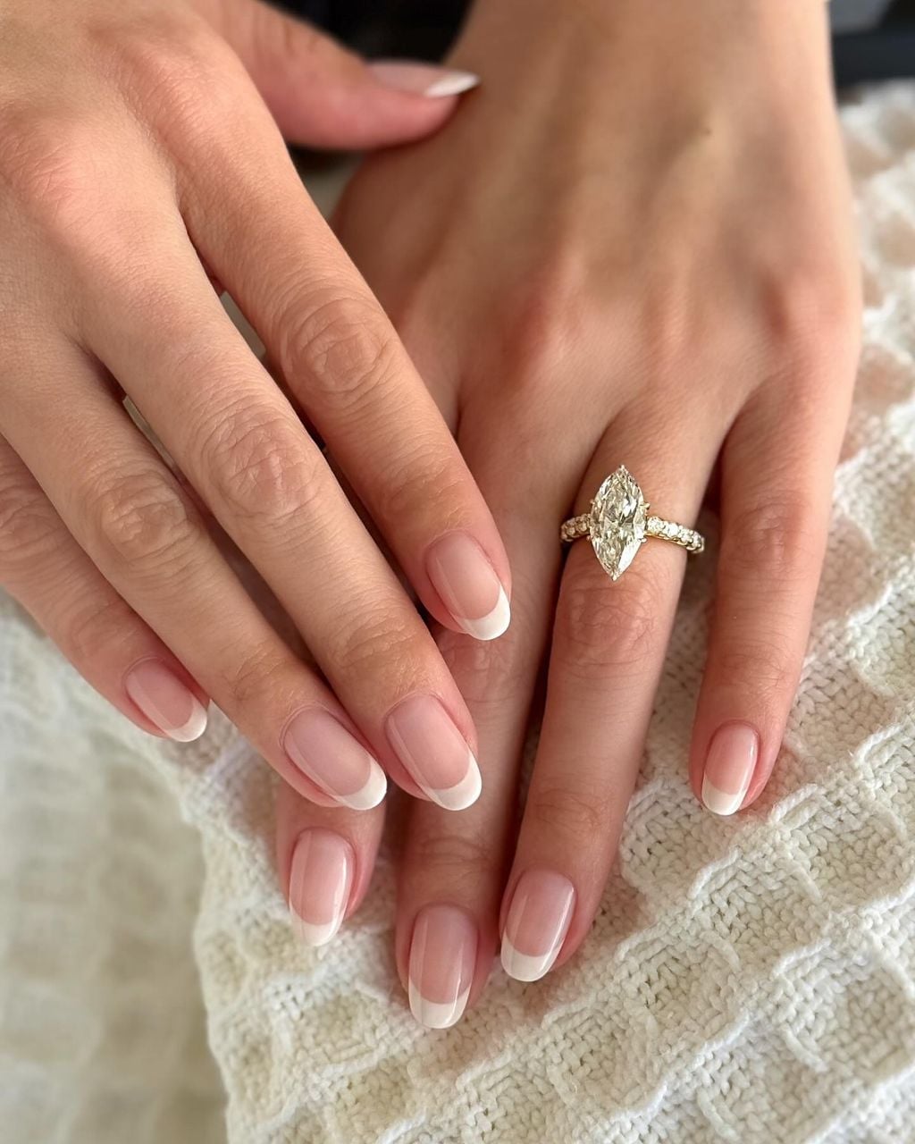 Short Oval French Manicure With Marquise Ring — Classy Ring Nails