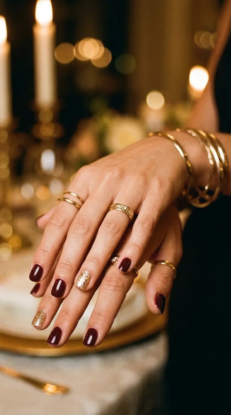 Short Square Burgundy With Gold Glitter — Classy Ring Nails