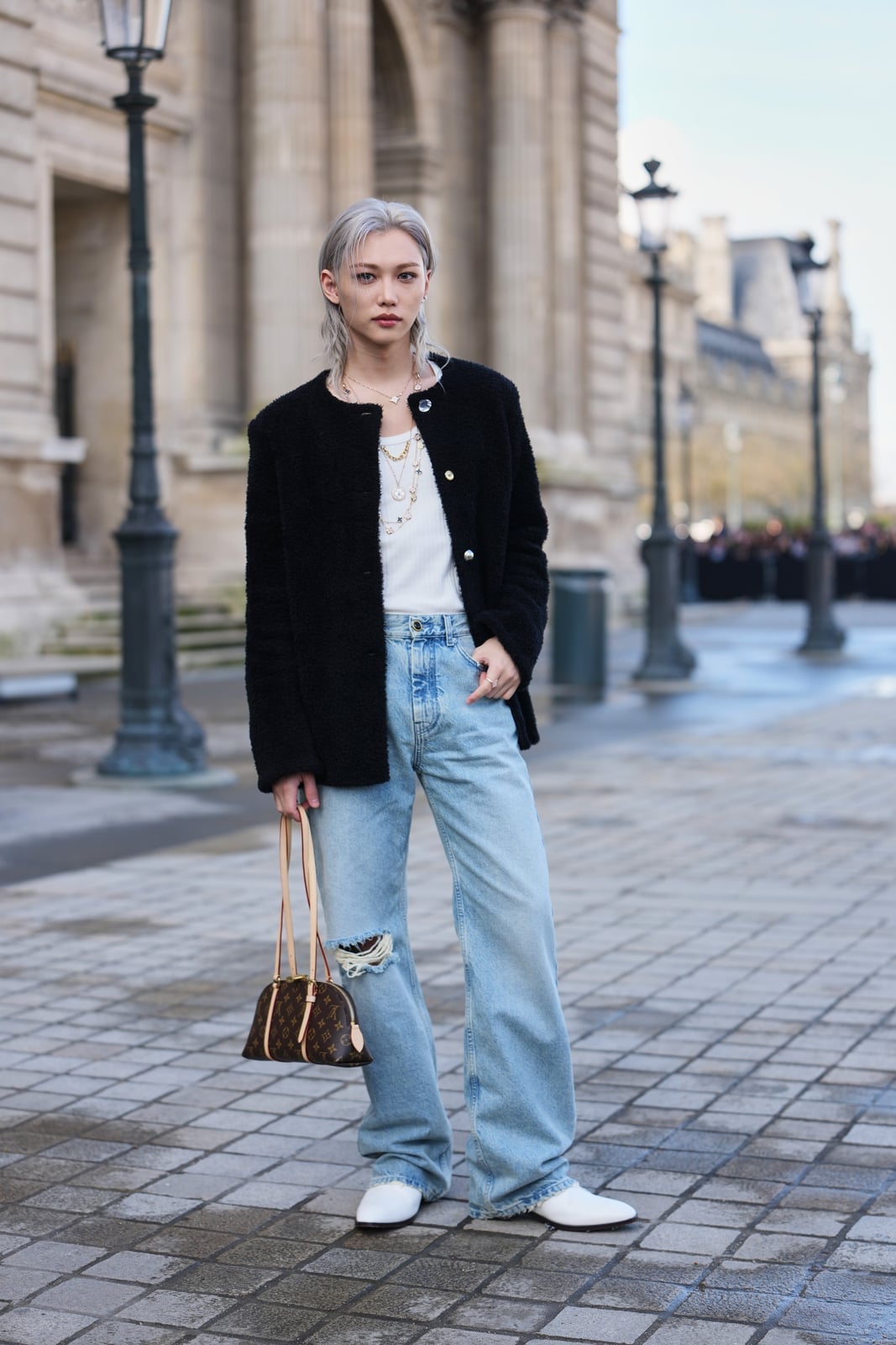 Light Wash Wide Leg Jeans With Textured Jacket — Classy Ripped Jeans Outfits
