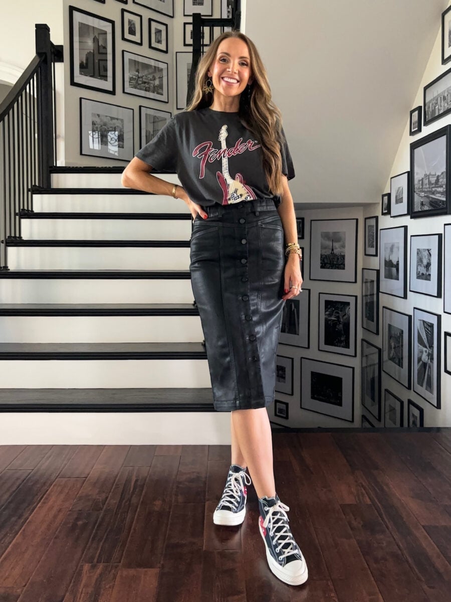 Band T Shirt With Denim Midi Skirt — Classy Rock Concert Outfits