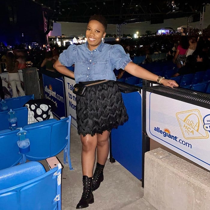 Denim Shirt With Feathered Skirt — Classy Rock Concert Outfits