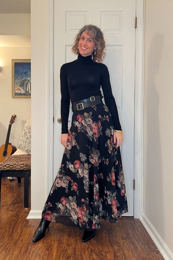 Turtleneck With Floral Maxi Skirt — Classy Rock Concert Outfits