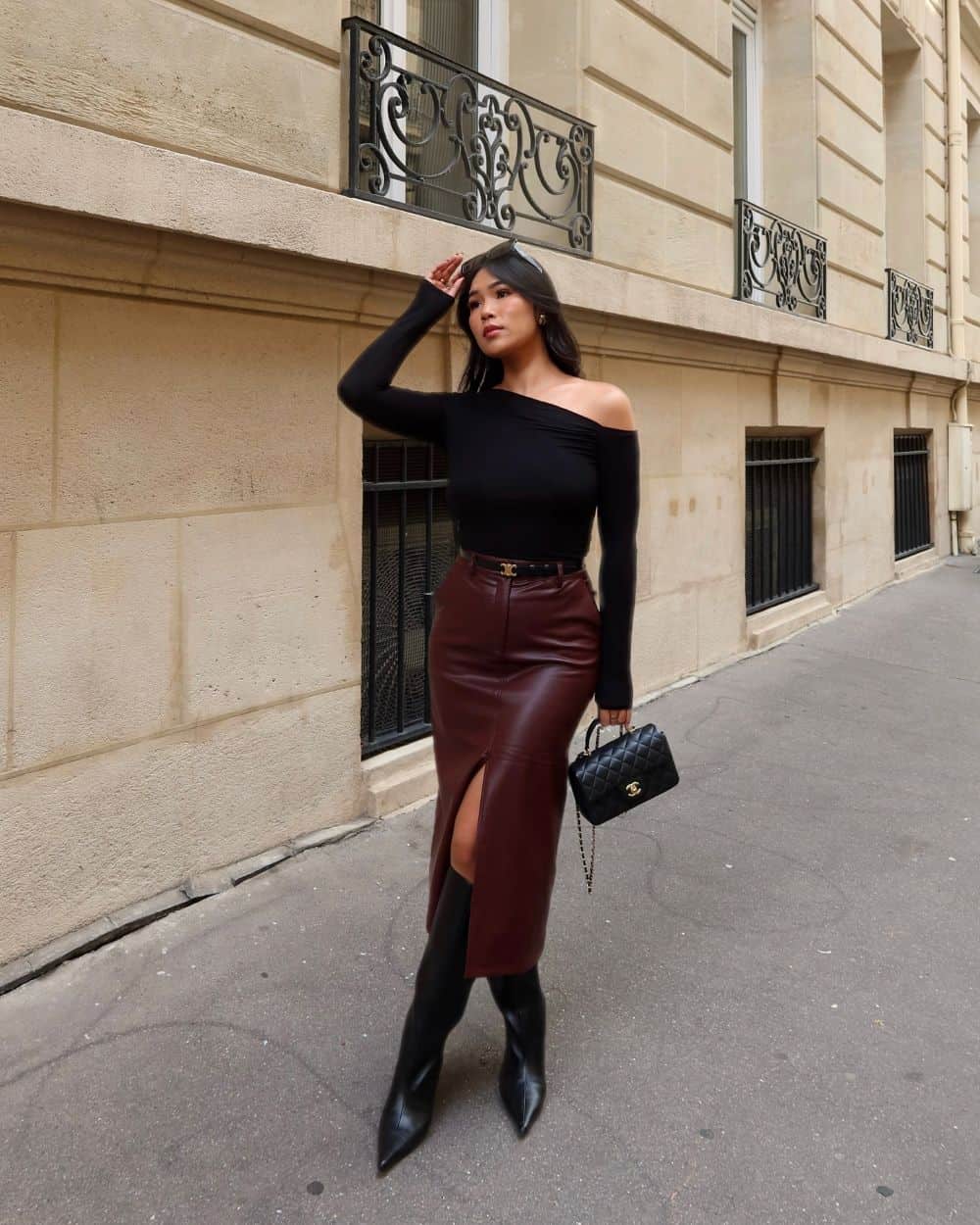Burgundy Leather Midi Skirt With Off The Shoulder Top — Classy Rock Concert Outfits