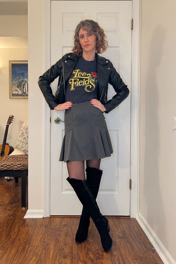Leather Moto Jacket Over Flared Skirt — Classy Rock Concert Outfits