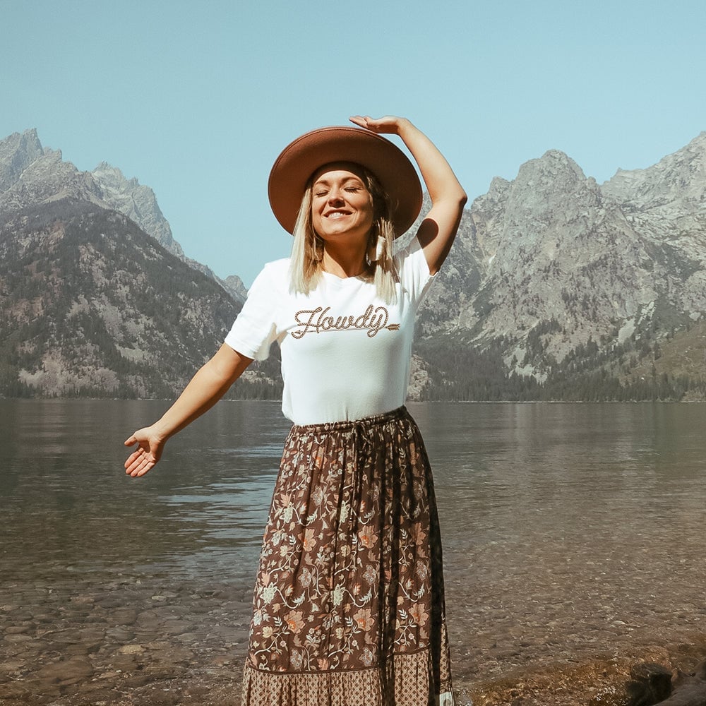 Graphic T-Shirt with Floral Maxi Skirt and Hat — Classy Rodeo Outfits for Women