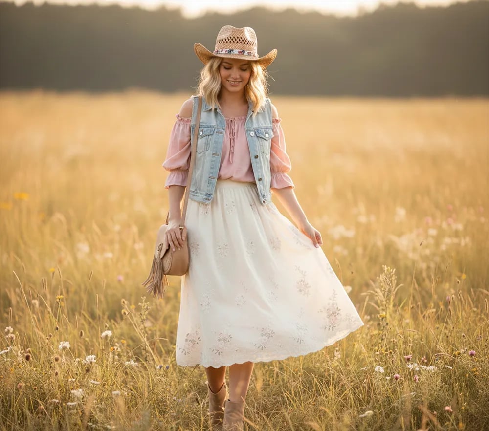 Embroidered Skirt with Off-the-Shoulder Blouse, Close-Up Take — Classy Rodeo Outfits for Women
