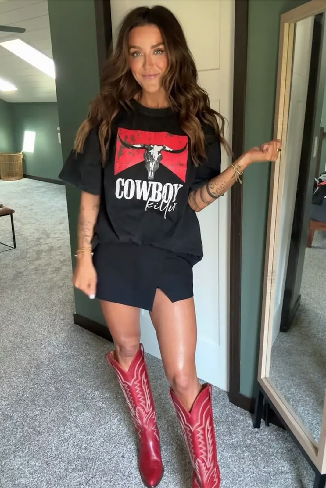 Graphic T-Shirt with Mini Skirt and Red Cowboy Boots — Classy Rodeo Outfits for Women