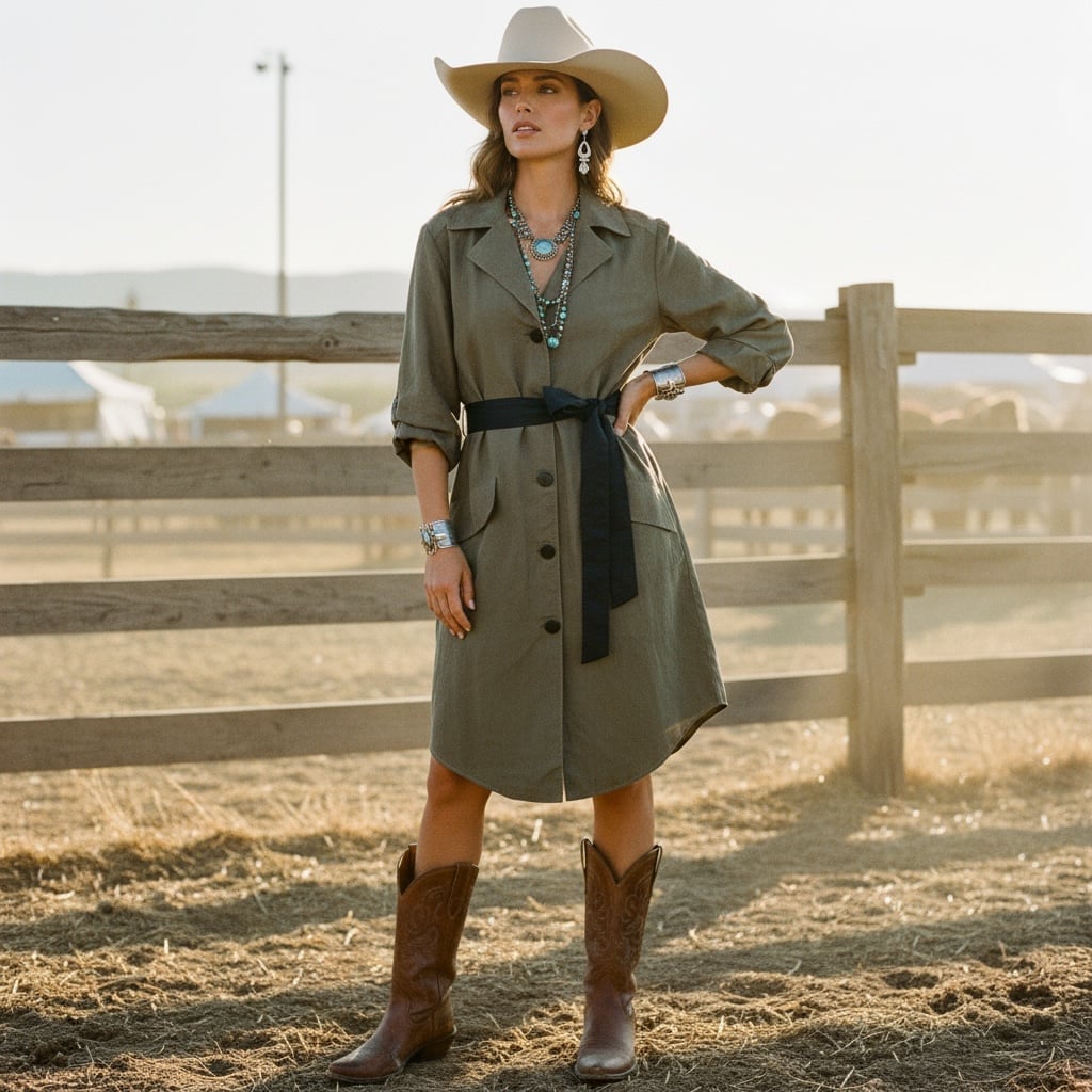 Belted Utility Dress with Cowboy Boots and Turquoise Jewelry — Classy Rodeo Outfits for Women