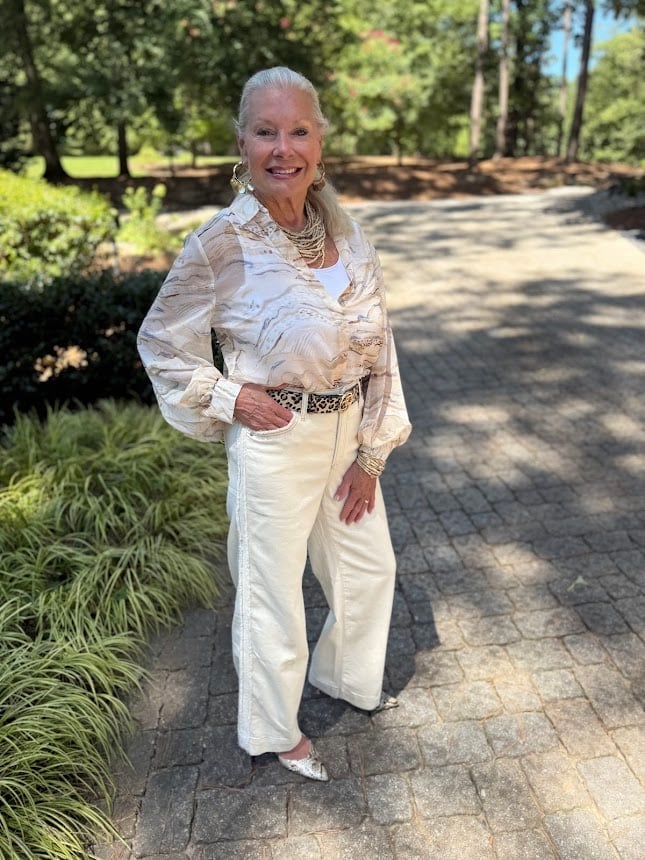 Sheer Blouse with Wide Leg Trousers and Leopard, Office-Safe Version — Classy Rodeo Outfits for Women