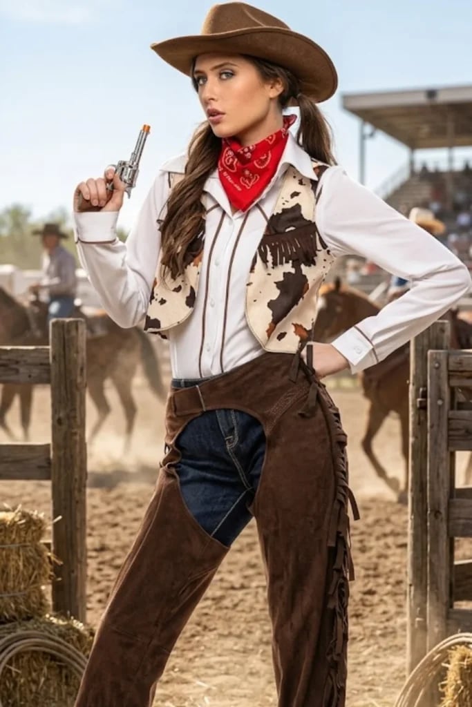 Cowhide Vest with Chaps and Bandana — Classy Rodeo Outfits for Women