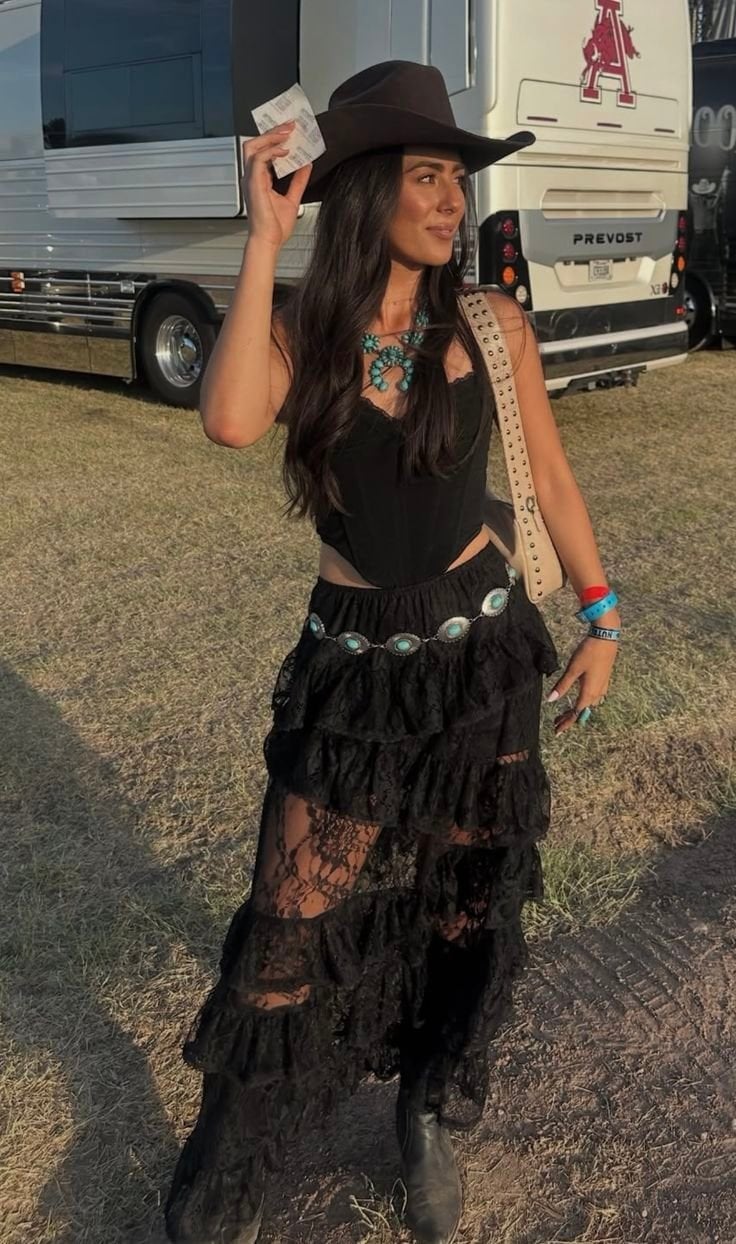 Lace Maxi Skirt with Corset Top and Cowboy Boots — Classy Rodeo Outfits for Women