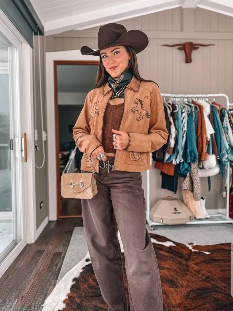 Embroidered Suede Jacket with Knit Top and Straight Leg Pants — Classy Rodeo Outfits for Women