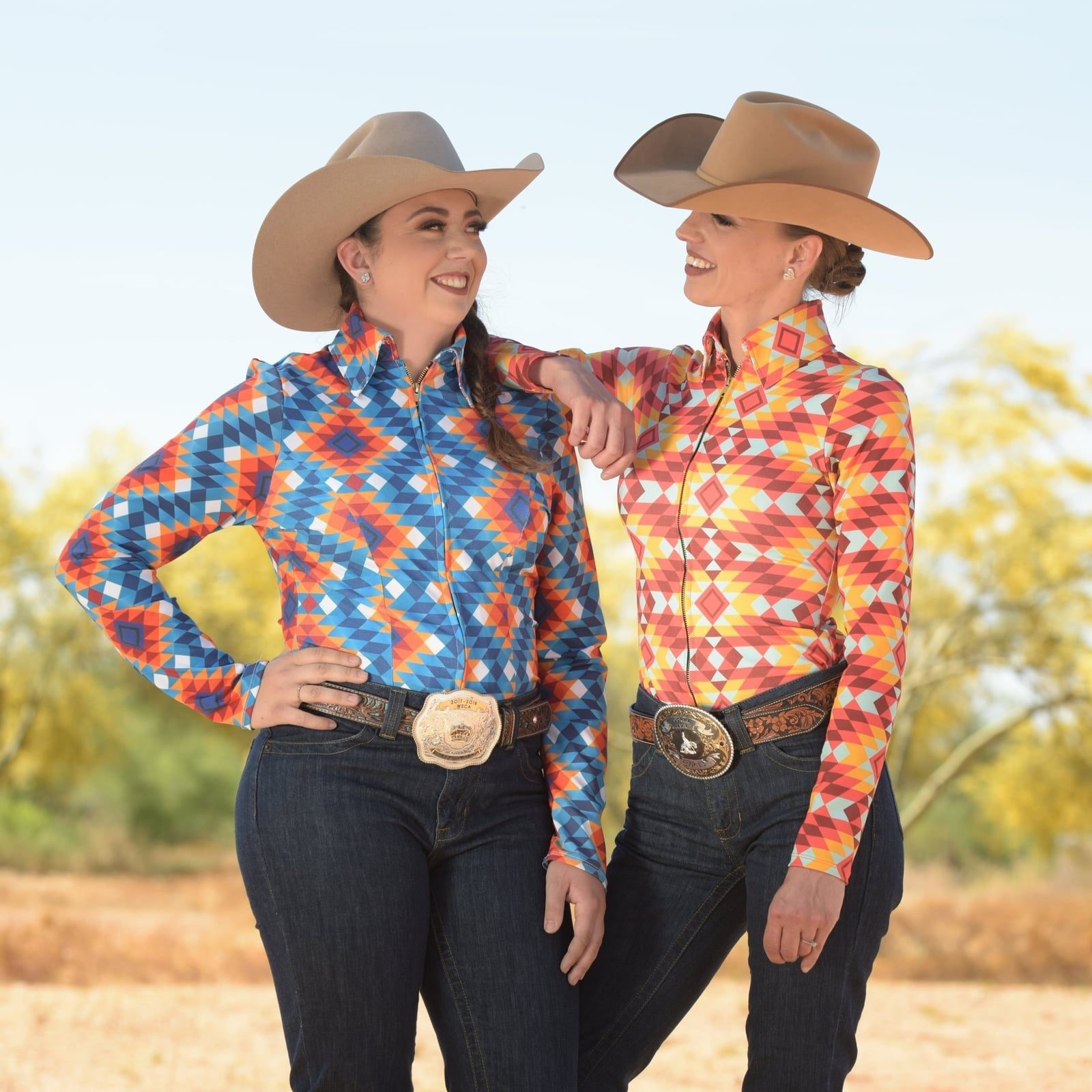 Geometric Print Western Shirts with Dark Wash, Office-Safe Version — Classy Rodeo Outfits for Women