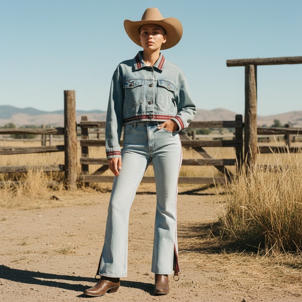 Cropped Denim Jacket with Striped Flared Jeans, Close-Up Take — Classy Rodeo Outfits for Women